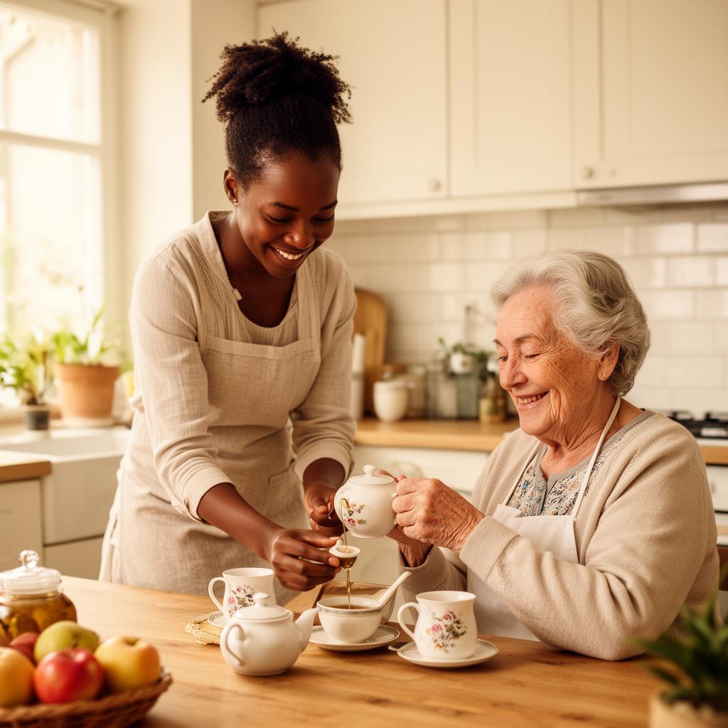 Une jeune femme aide une dame âgée à préparer le thé dans une cuisine lumineuse — exemple d'hébergement intergénérationnel en échange de services
