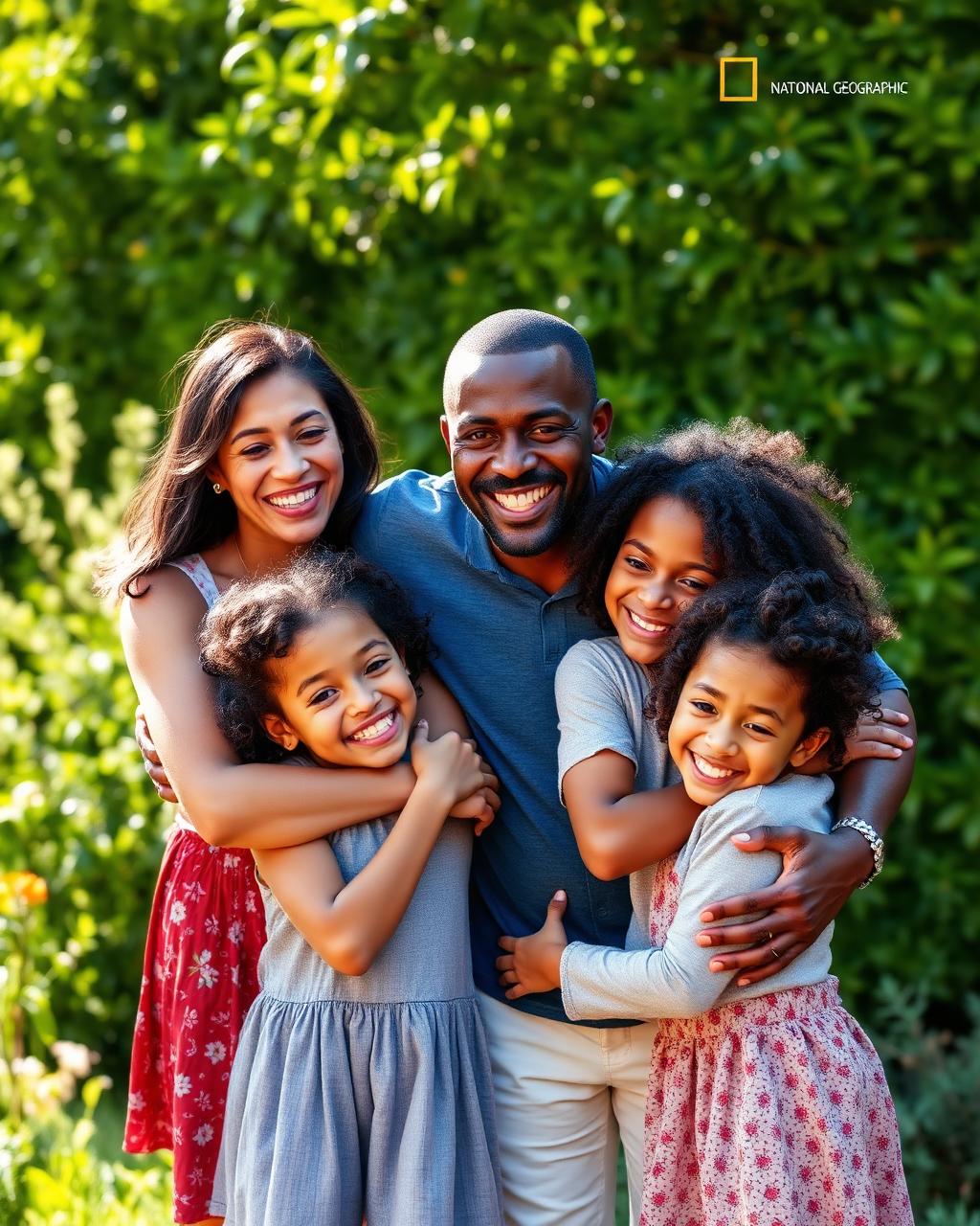 Famille multiculturelle dans un jardin lumineux