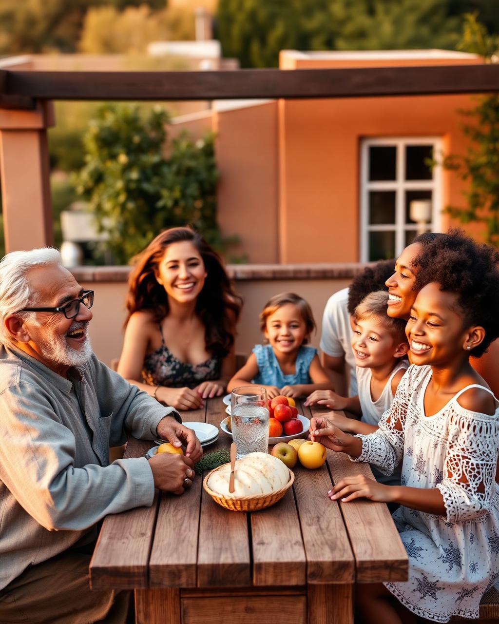 Grande famille multigénérationnelle sur une terrasse méditerranéenne
